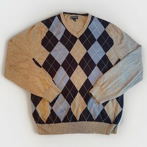 Stafford Signature Argyle Sweater Mens XL Tan Blue Pima Cotton V-Neck Pullover